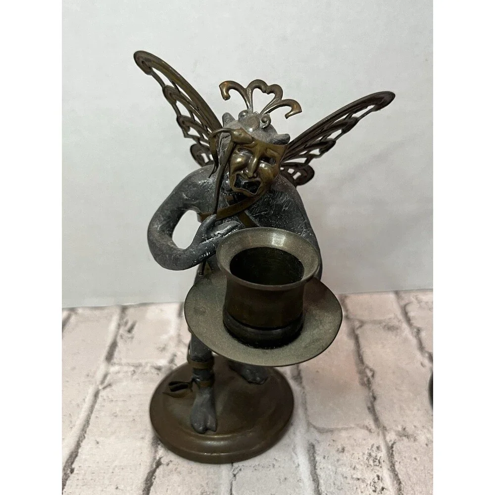 2 “Petites Choses” Pewter & Brass Flying Monkey Candle Holders Comedy & Tragedy